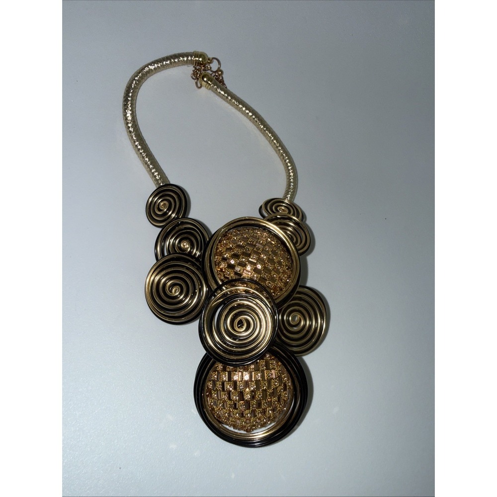 Gold Black Tone Spiral Round Circle Pendant Necklace  bohemian Statement